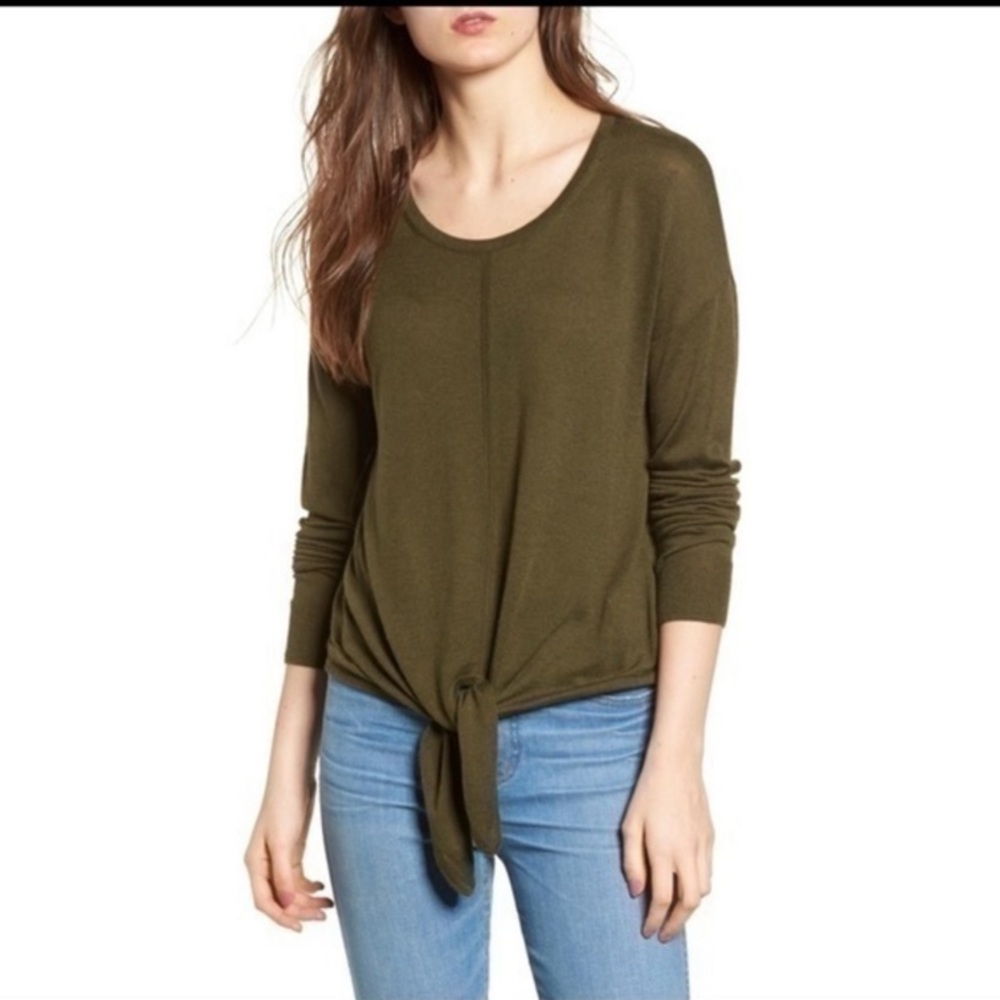 Madewell Top Small Women’s Modern Tie-Front Dark Olive Green Sweater Knit